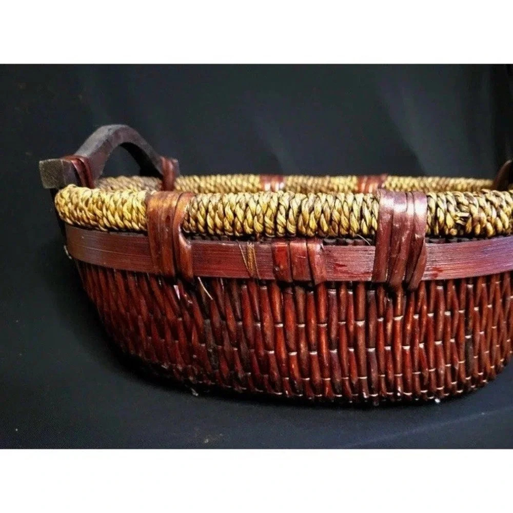 Vintage Chinese Woven Willow Basket With Wood Handles 12